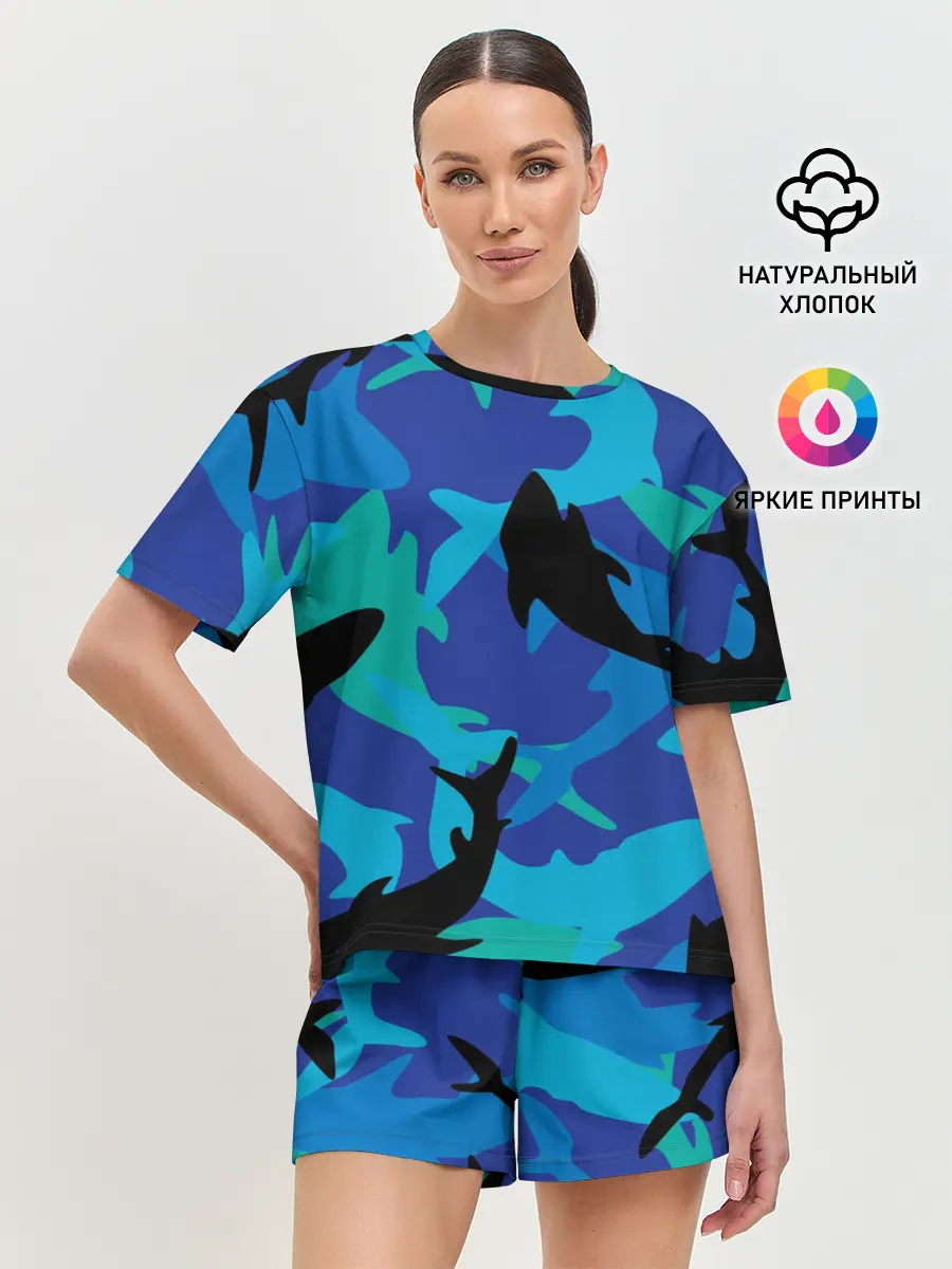 Женская пижама с шортами / Акулы паттерн