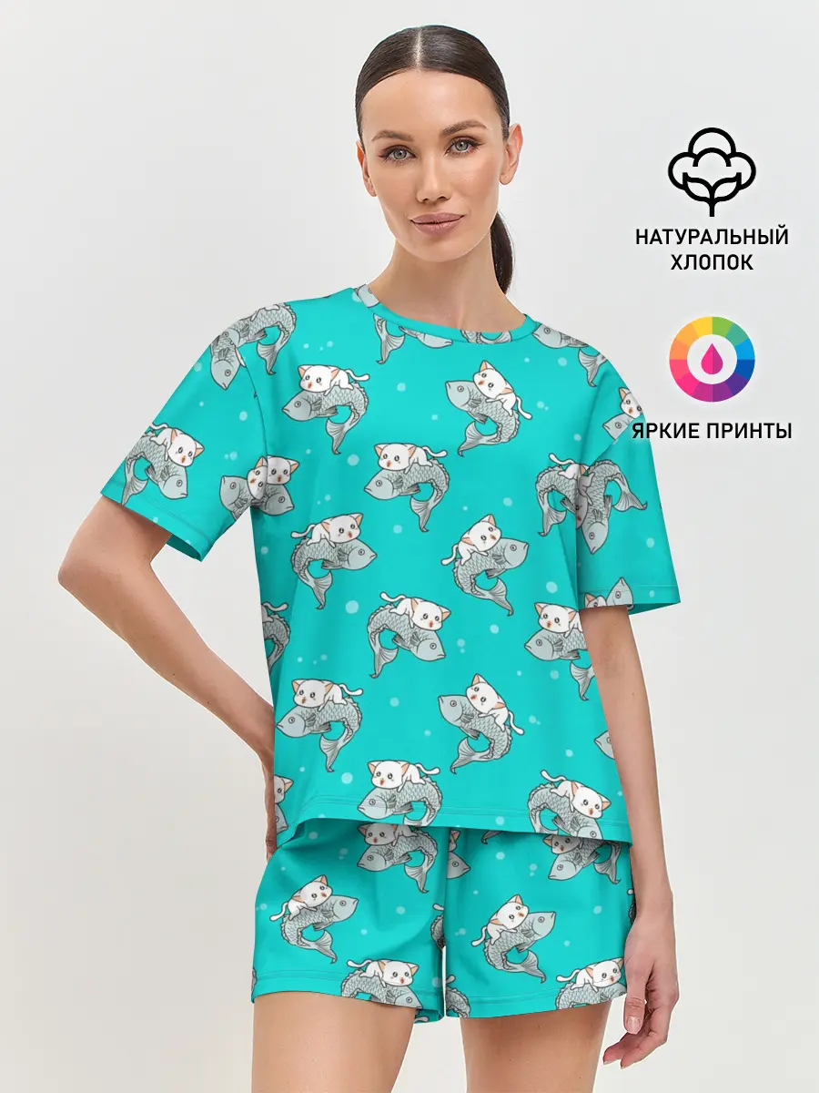 Женская пижама с шортами / Котики и рыбки