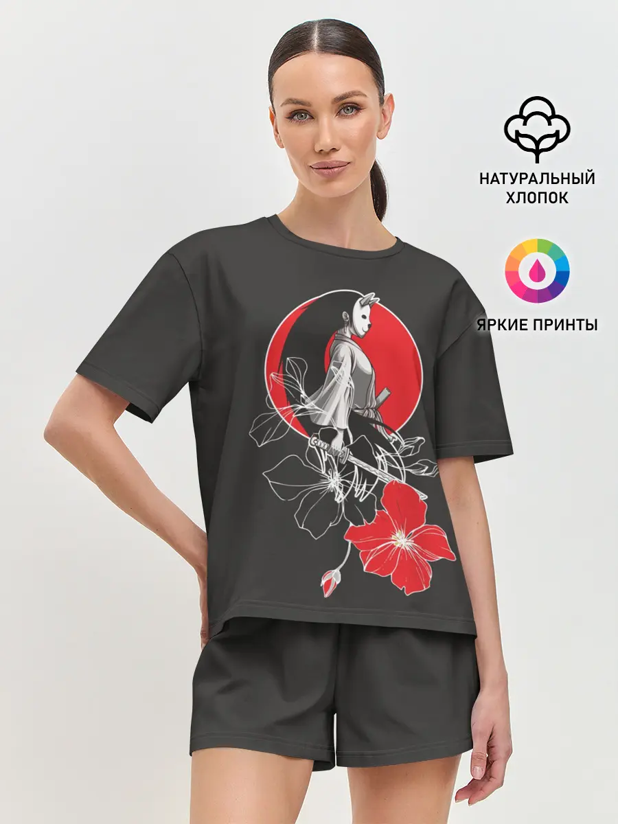 Женская пижама с шортами / Девушка-кошка-самурай
