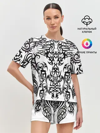 Женская пижама с шортами / ТАТУ ЧЕРНО БЕЛОЕ УЗОР