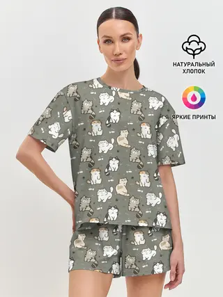 Женская пижама с шортами / Кошечки с рыбками