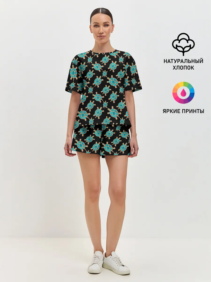 Женская пижама с шортами / Бирюзовые черепашки брошка