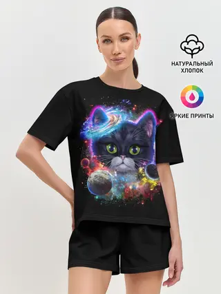 Женская пижама с шортами / Космический котик и планеты