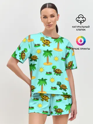 Женская пижама с шортами / черепашки и пальмы