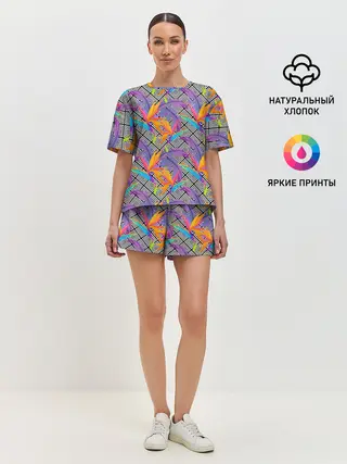 Женская пижама с шортами / Тропические цветы и узоры