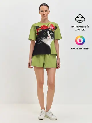 Женская пижама с шортами / Кот и цветы