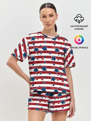 Женская пижама с шортами / Синие звезды на полосатом фоне
