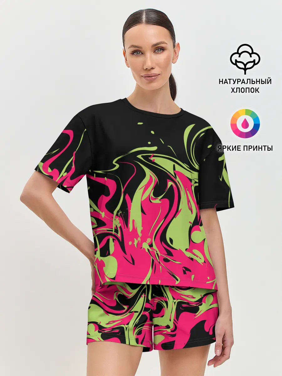 Женская пижама с шортами / Черно малиновый абстрактный