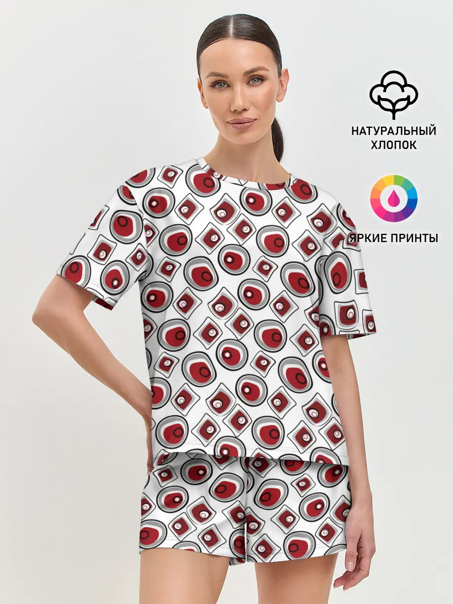 Женская пижама с шортами / Красно черный узор на белом