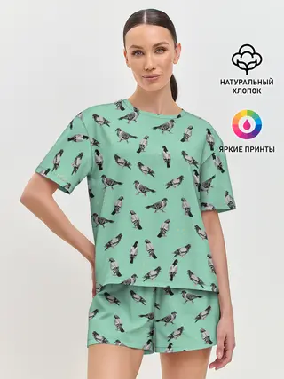 Женская пижама с шортами / Голуби на зеленом