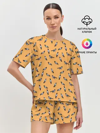 Женская пижама с шортами / Голуби паттерн на желтом