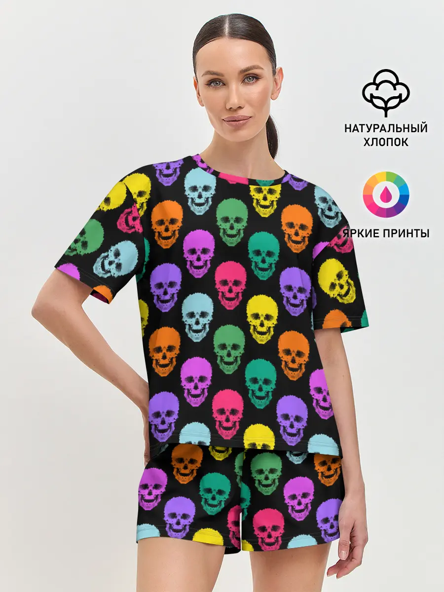 Женская пижама с шортами / Разноцветные черепа . Готика