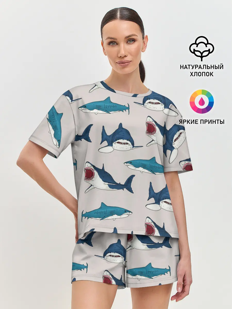 Женская пижама с шортами / Кровожадные акулы паттерн