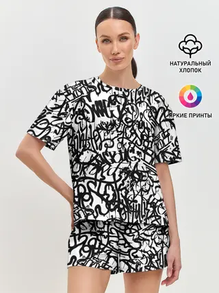 Женская пижама с шортами / Graffiti black on white