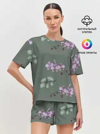 Женская пижама с шортами / Розовые орхидеи