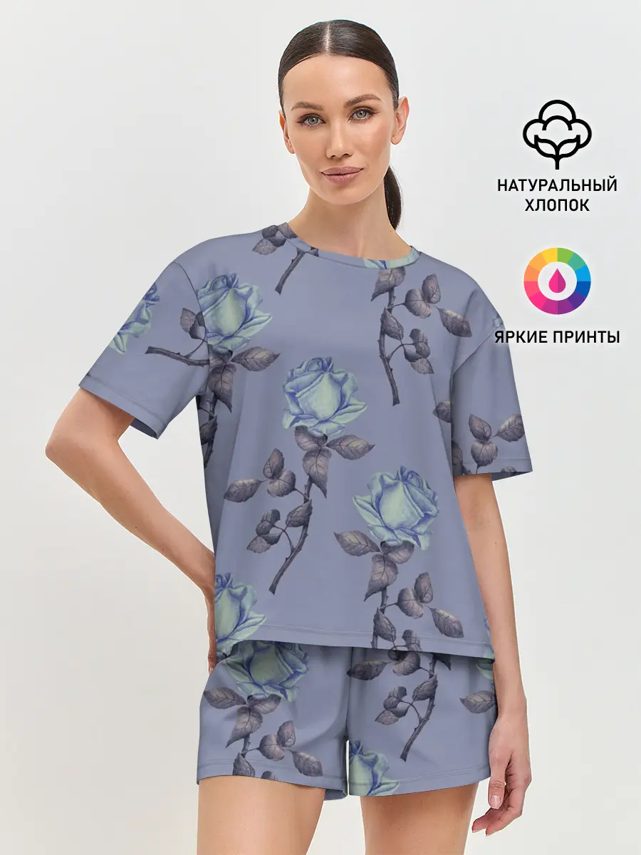 Женская пижама с шортами / Голубые розы