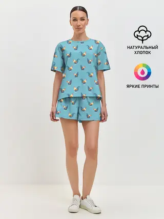 Женская пижама с шортами / Петушки паттерн
