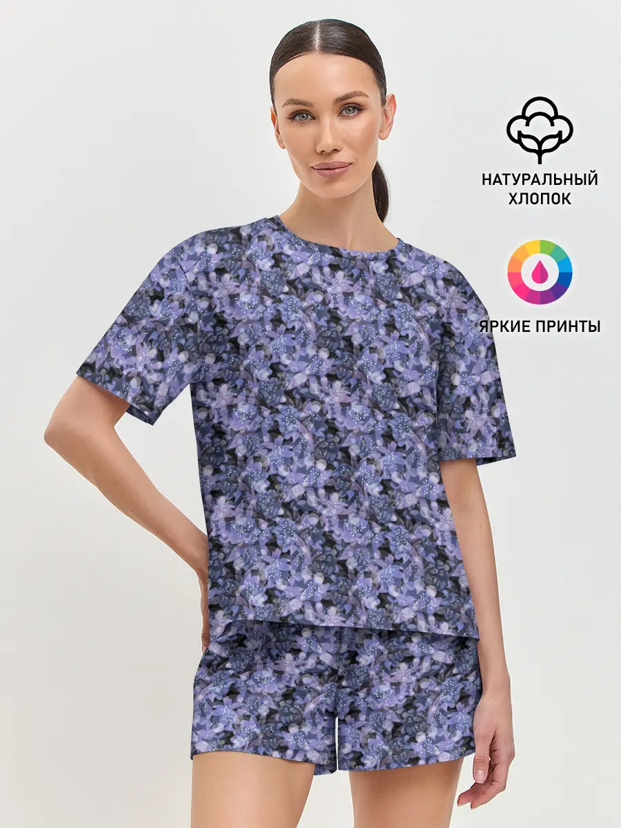 Женская пижама с шортами / Сине-фиолетовый цветочный узор