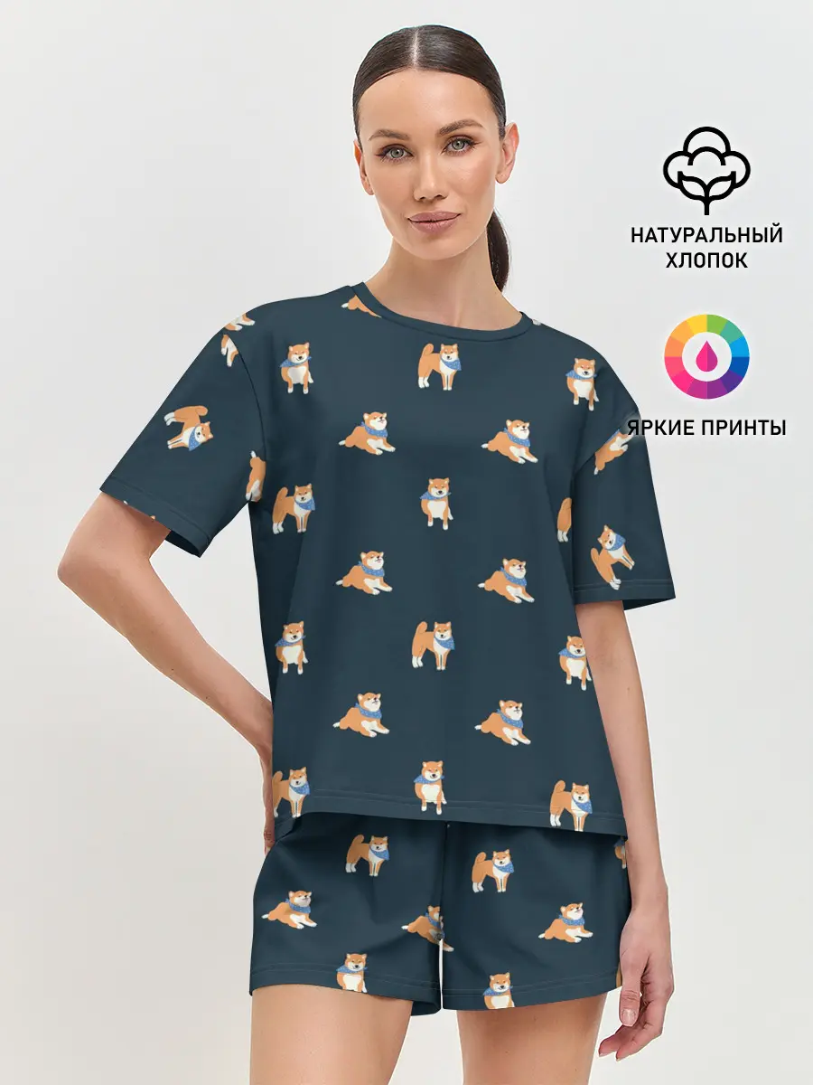 Женская пижама с шортами / Шиба ину паттерн