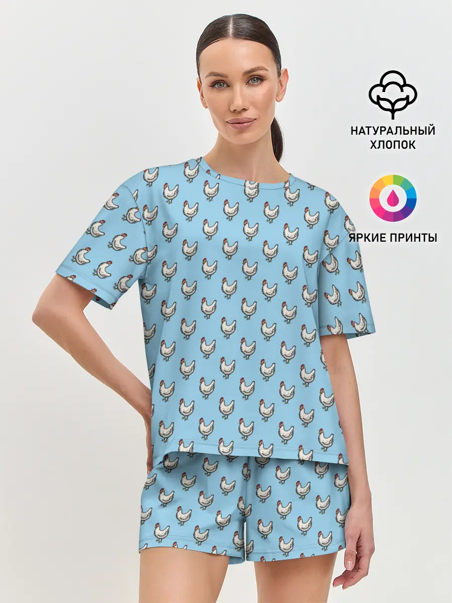 Женская пижама с шортами / Белая курочка паттерн