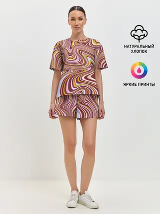 Женская пижама с шортами / Красно-золотые разводы красок паттерн