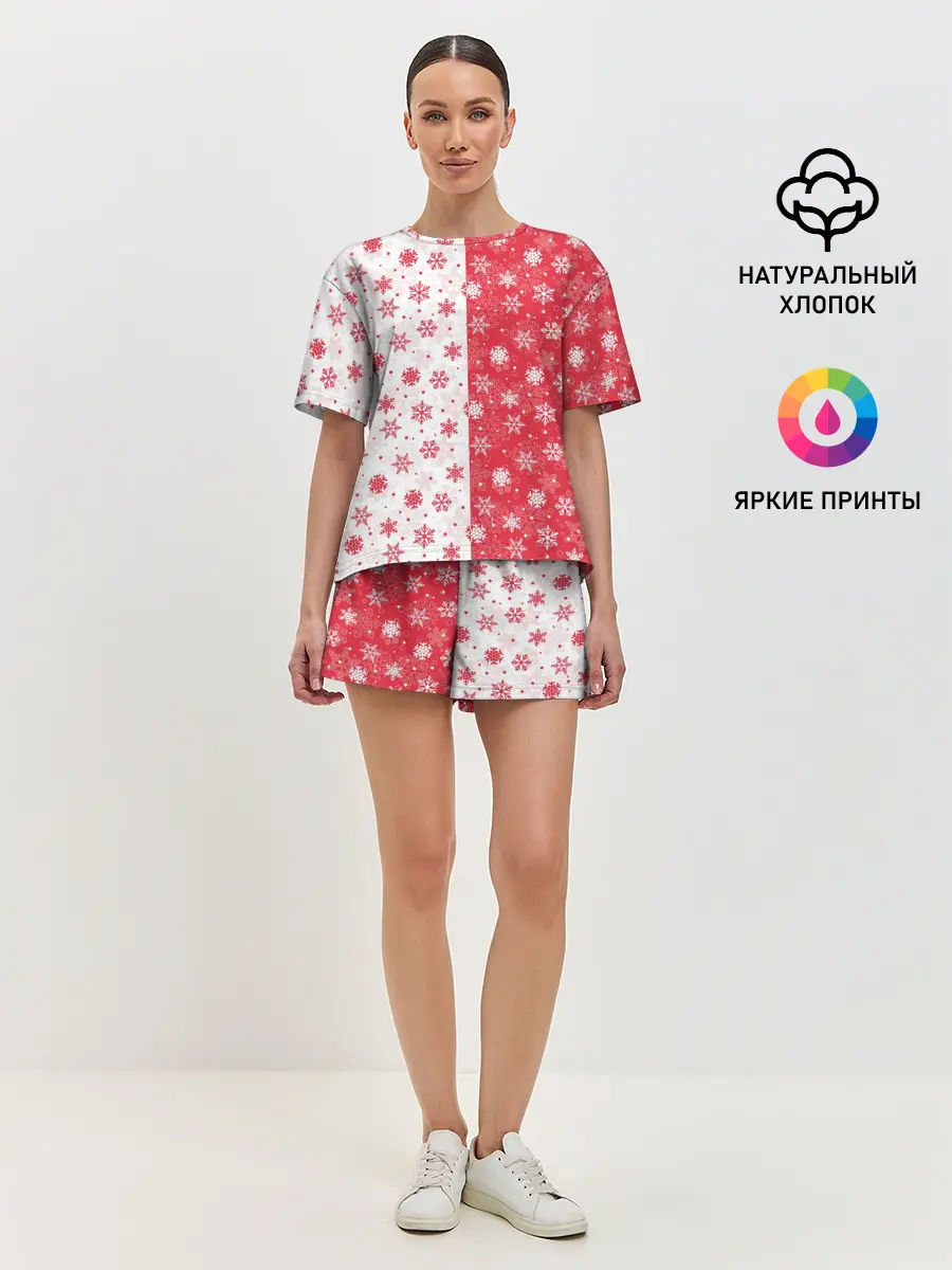 Женская пижама с шортами / Снежинки - новогодние узоры