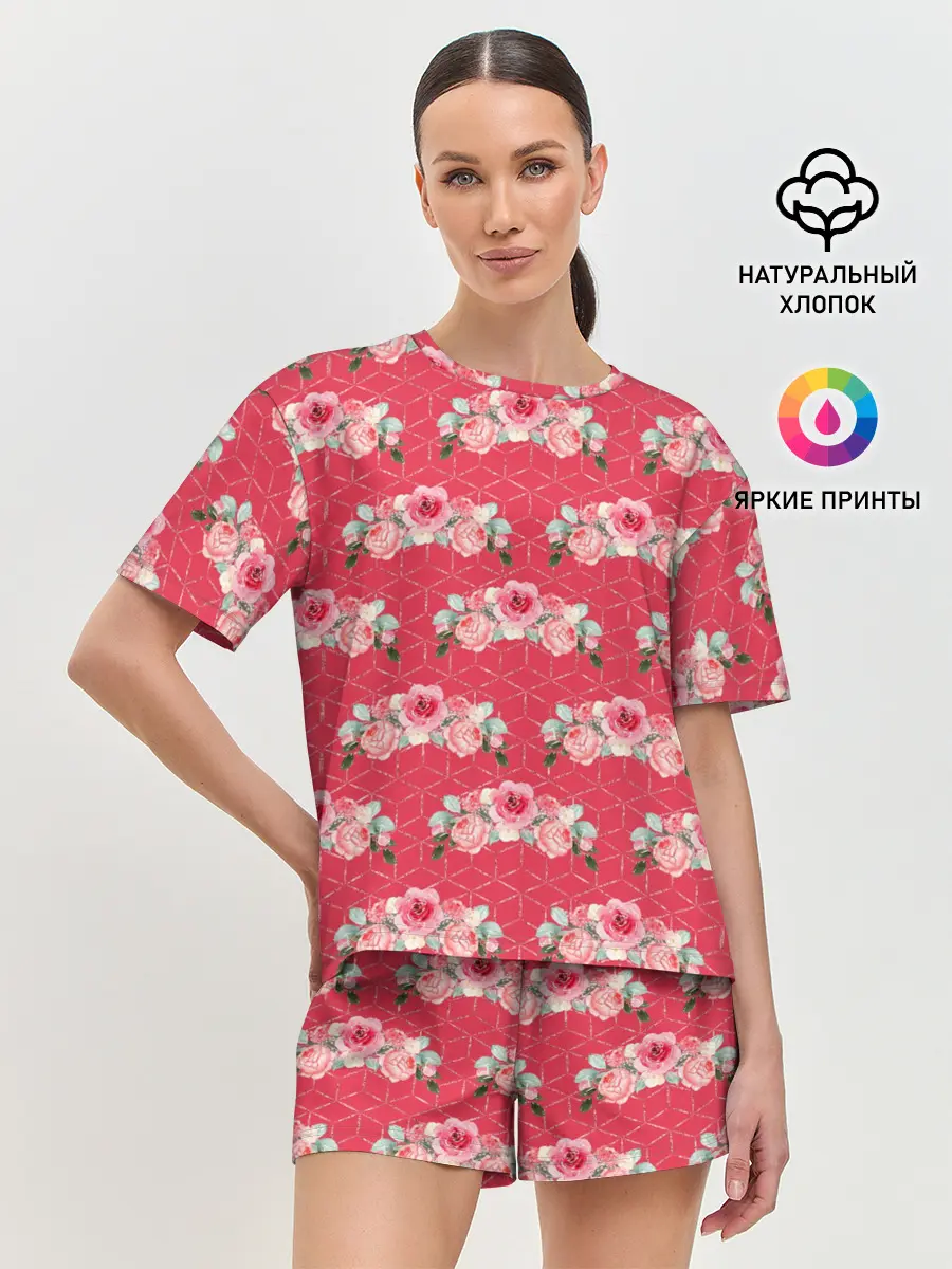 Женская пижама с шортами / Красные розы паттерн