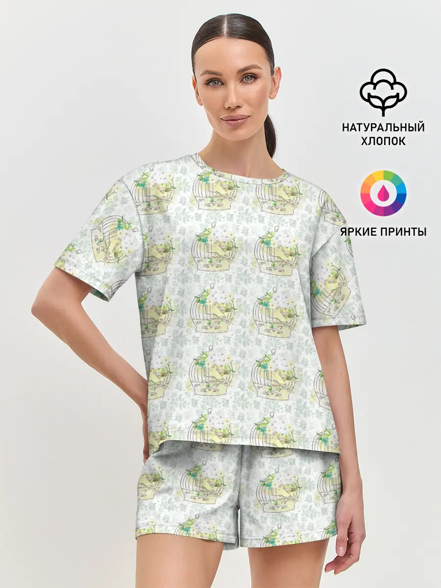 Женская пижама с шортами / Канарейки в клетках