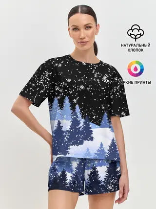 Женская пижама с шортами / Снежная ночь в зимнем лесу