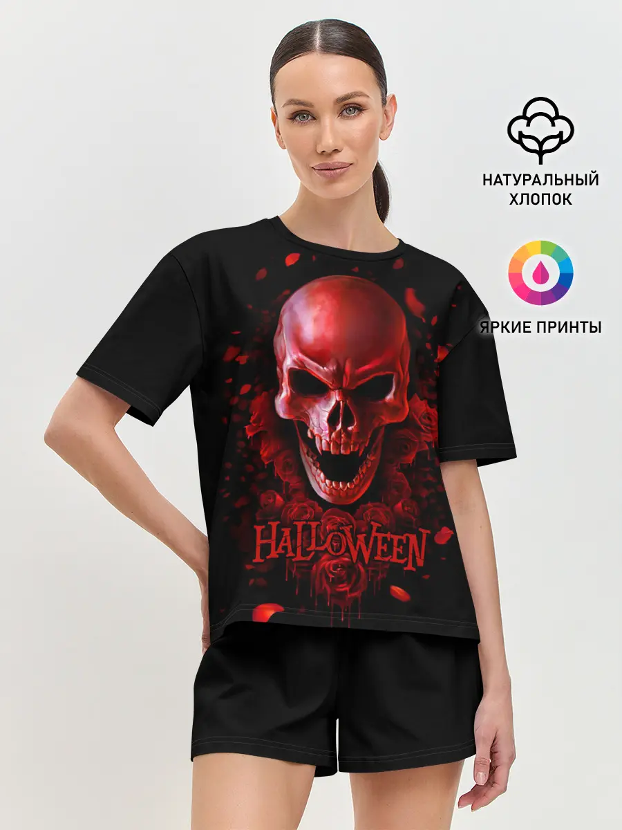 Женская пижама с шортами / Красный череп в кровавых розах