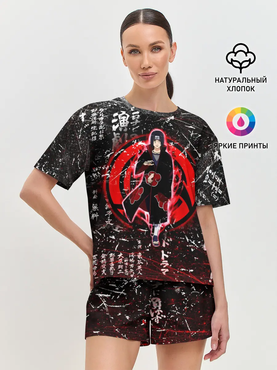 Женская пижама с шортами / ИТАЧИ УЧИХА ИЕРОГЛИФЫ гранж