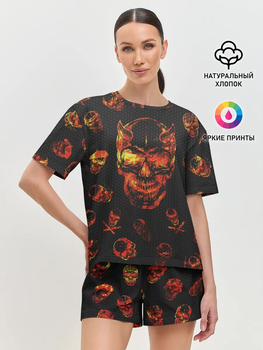Женская пижама с шортами / Огненные черепа | Carbon