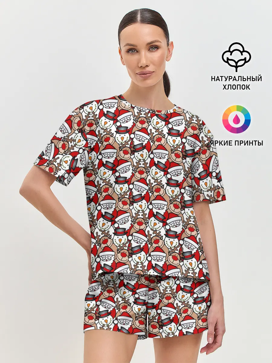 Женская пижама с шортами / Дед Мороз, Снеговик, Олень
