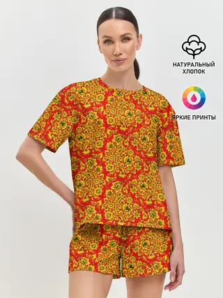 Женская пижама с шортами / Хохломские узоры
