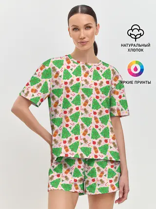 Женская пижама с шортами / Новогодние ёлки и подарки