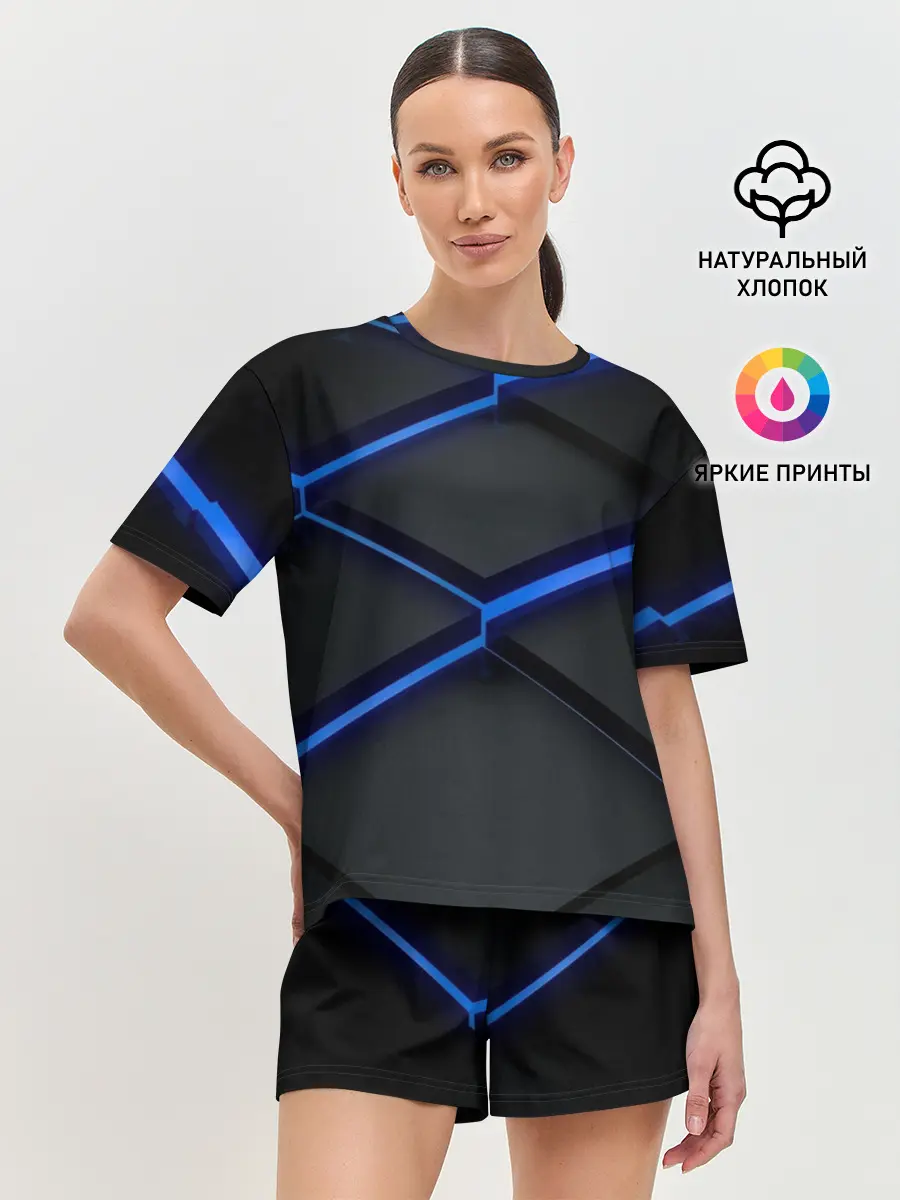 Женская пижама с шортами / 3d неоновый черный принт плиты