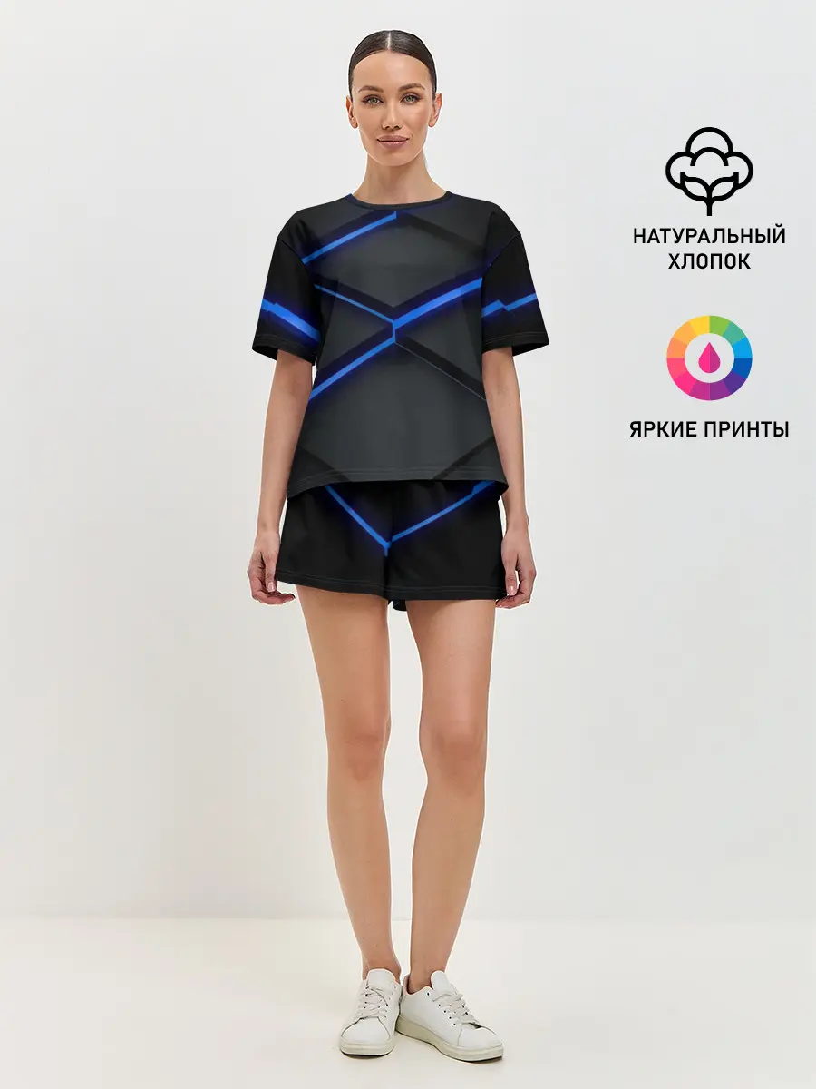 Женская пижама с шортами / 3d неоновый черный принт плиты