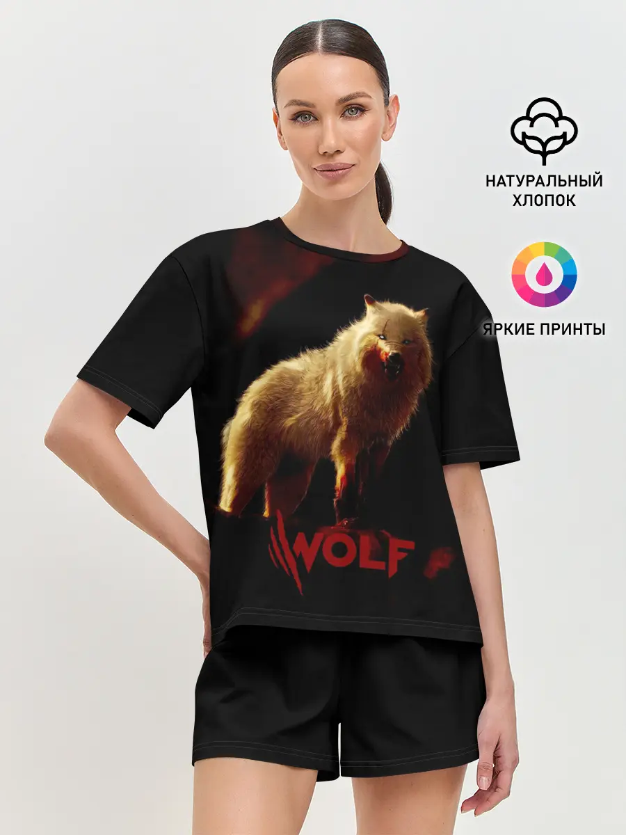 Женская пижама с шортами / Красный волк.