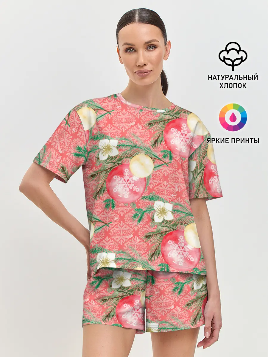 Женская пижама с шортами / Новогодние красные шары