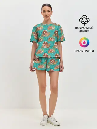 Женская пижама с шортами / Рождественские пряники паттерн