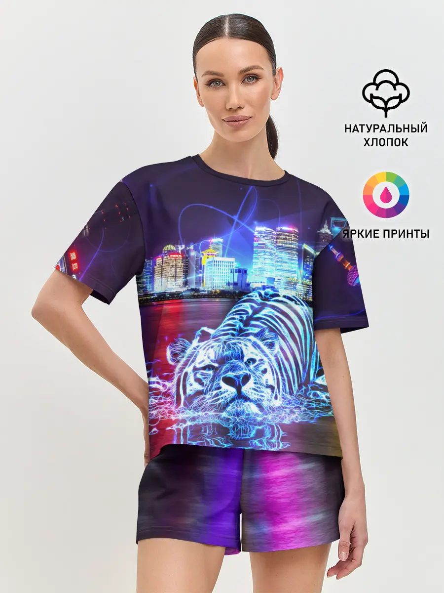 Женская пижама с шортами / Плывущий неоновый тигр