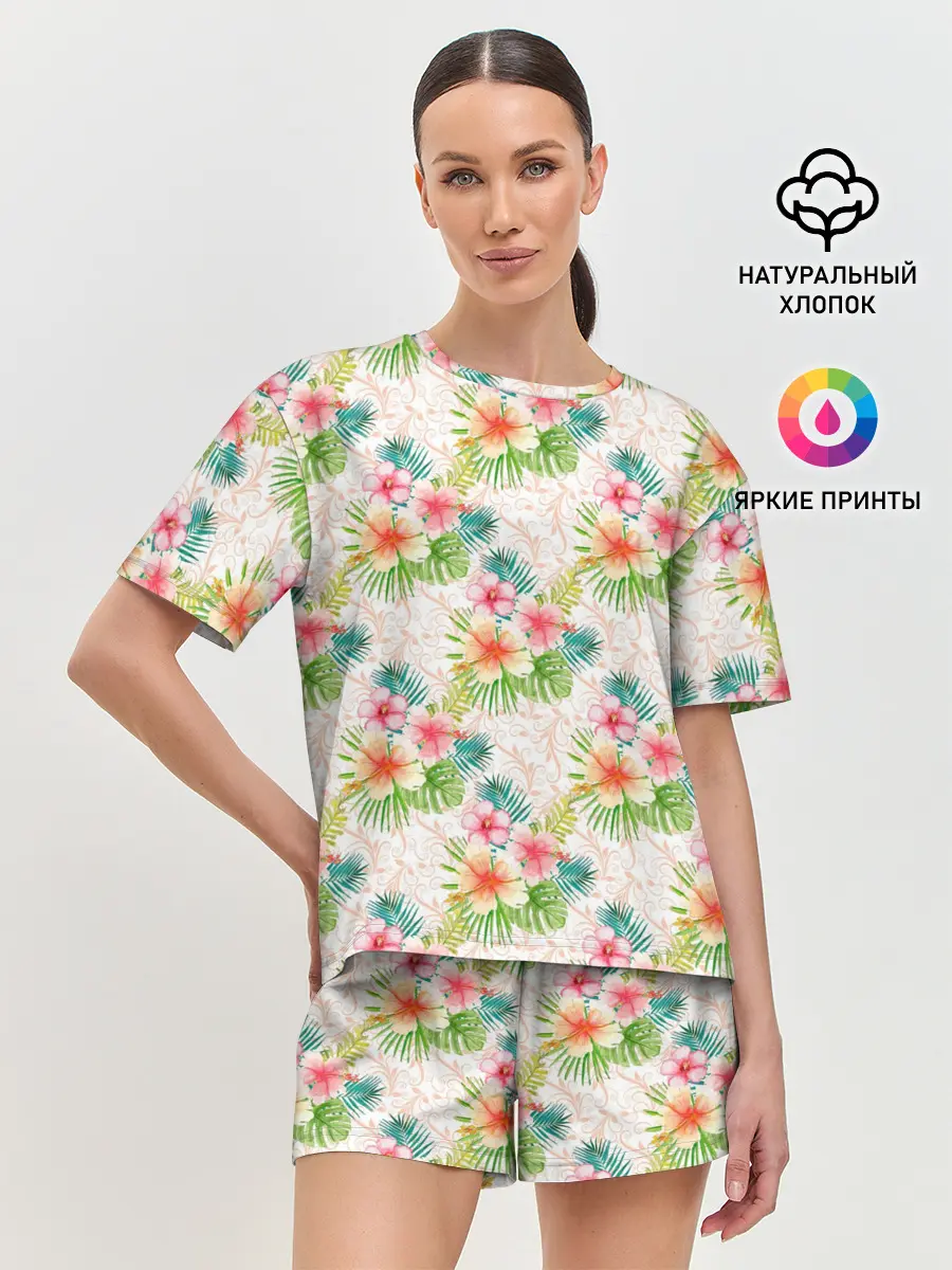 Женская пижама с шортами / Гавайские цветы
