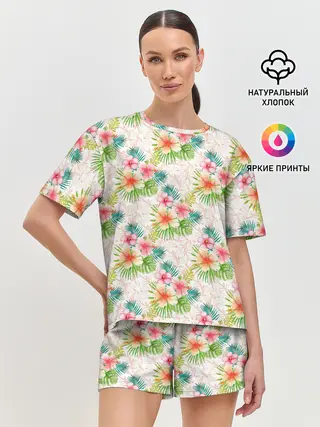 Женская пижама с шортами / Гавайские цветы