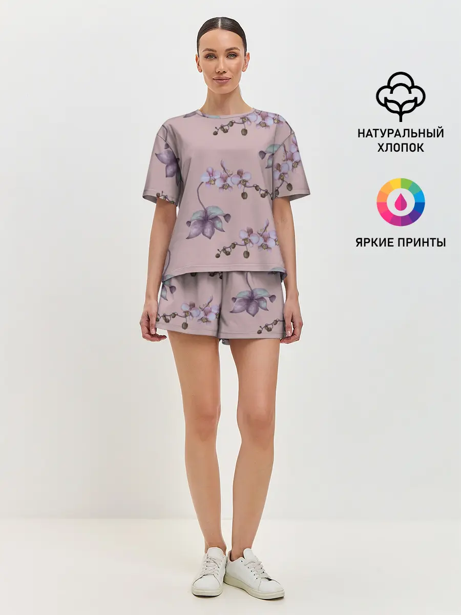 Женская пижама с шортами / Розовые орхидеи на розовом фоне