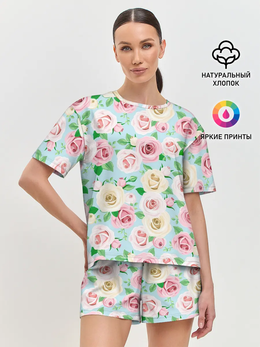 Женская пижама с шортами / Цветущее поле роз