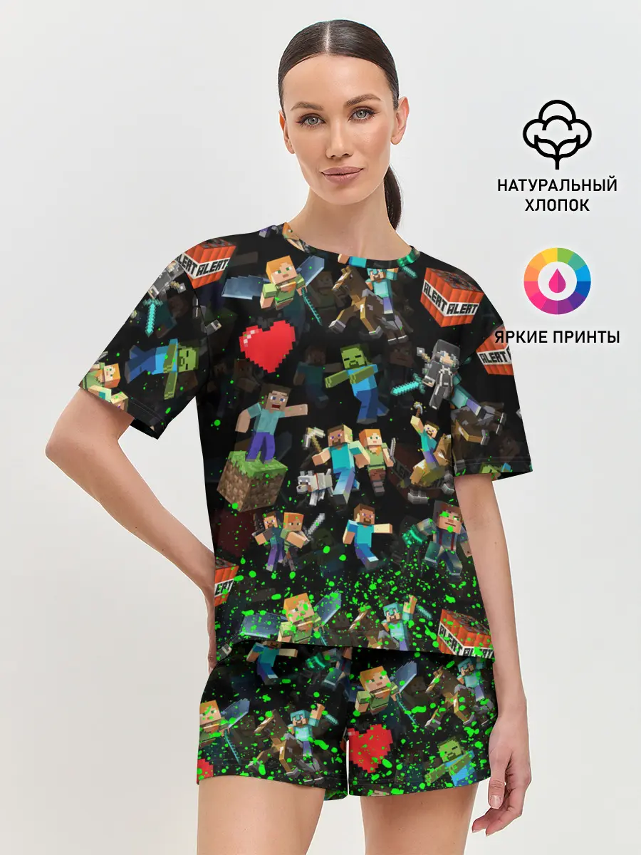 Женская пижама с шортами / МАЙНКРАФТ ПАТТЕРН ГЕРОИ ИГРЫ