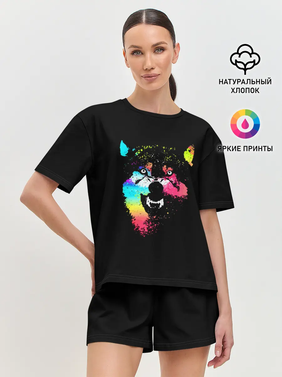 Женская пижама с шортами / Неоновый свирепый волк