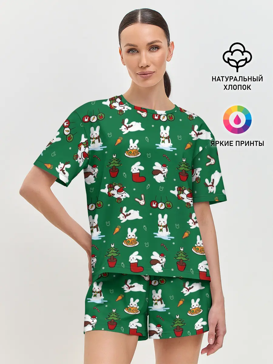 Женская пижама с шортами / Новогодний паттерн с зайчиками