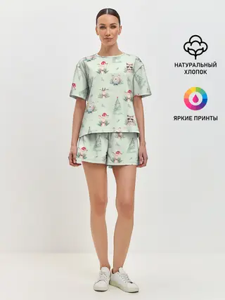 Женская пижама с шортами / Олени, медведи и еноты