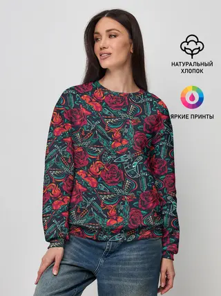 Женский свитшот / Тату узор розы и машинки
